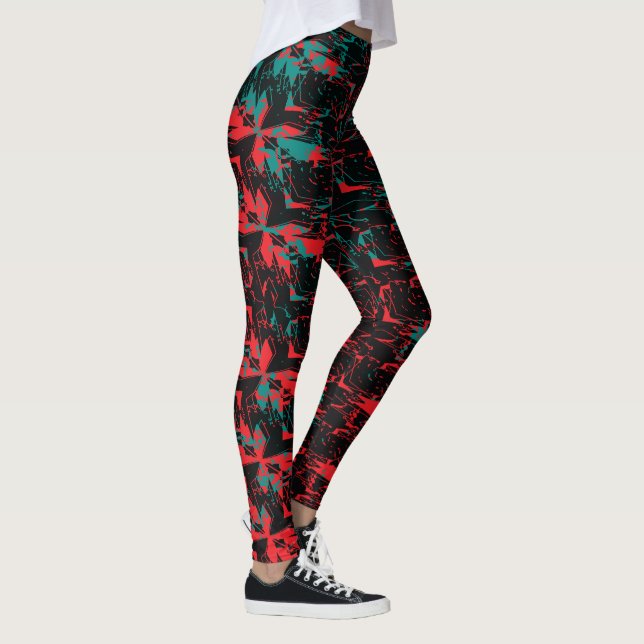 Glitch Art Red and Teal Floral Repeat Leggings (Rechts)