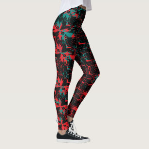 Glitch Art Rot und Türkis Floral Repeat Leggings