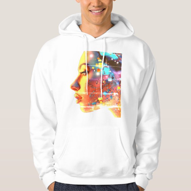 Glitch in Cyborg Woman on a Cozy Long Sleeve White Hoodie (Vorderseite)