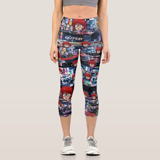 Glitch Retro Anime  Capri Leggings (Vorderseite)