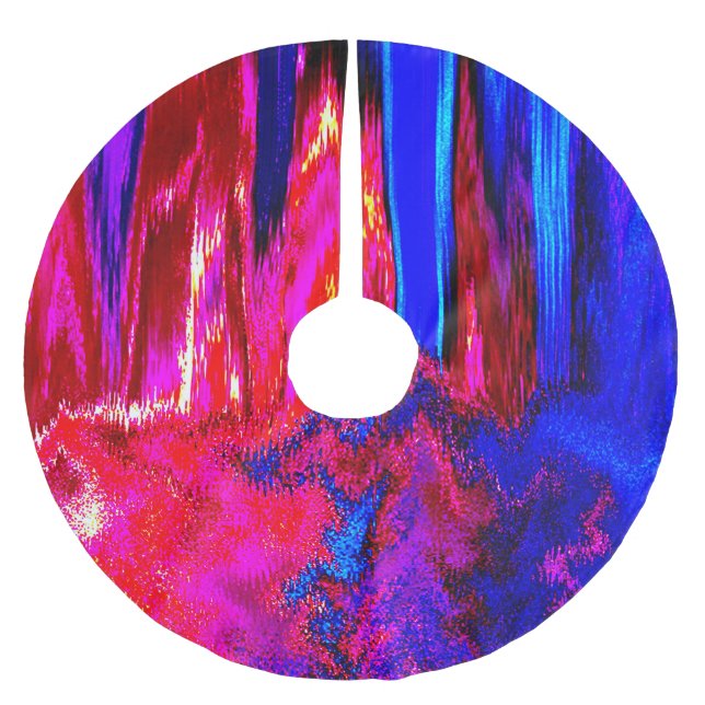 Glitch Rot und Blau Polyester Weihnachtsbaumdecke (Vorderseite)