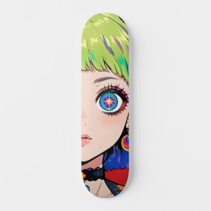 Glitchcore Weltraumgirl mit Sternenaugen Skateboard