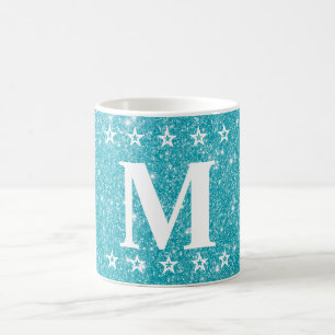 Glitter 5 Sterne Türkis Blau Individuelles Monogra Kaffeetasse