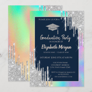 Glitter Abschlusskappe, Silber Tropfen, Regenbogen Einladung