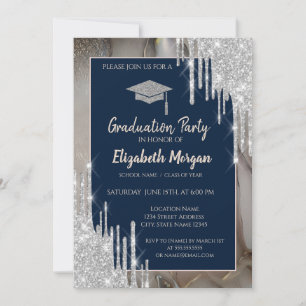 Glitter Abschlusskappen,Silber Tropfen,Marmor Navy Einladung