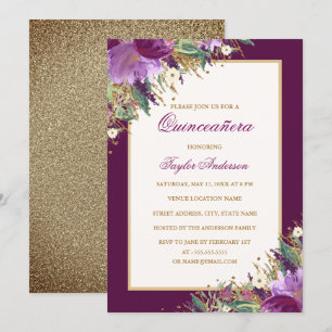 Glitter Amethyst Gold Lila Floral Quinceanera Einladung