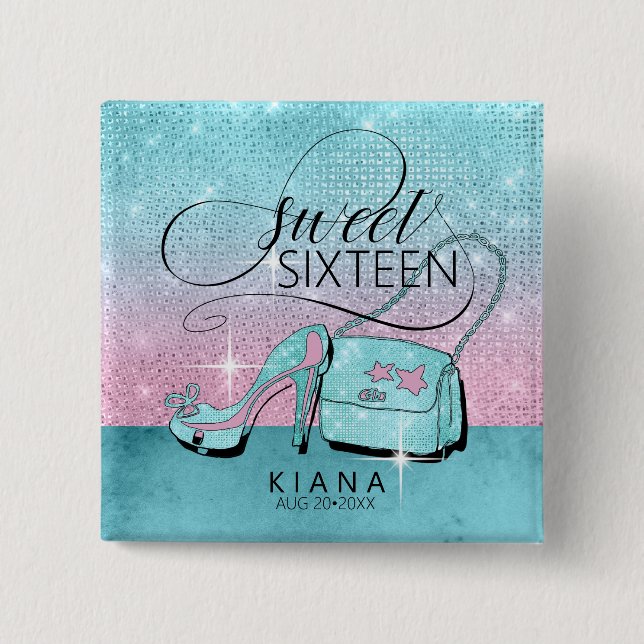 Glitter and Shine Sweet 16 V2 Teal/Pink ID675 Button (Vorderseite)