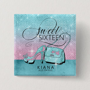 Glitter and Shine Sweet 16 V2 Teal/Pink ID675 Button