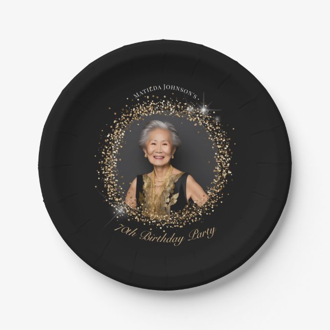 Glitter Black Gold 70th Birthday Party Pappteller (Vorderseite)