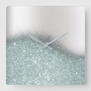 Glitter Blue Pastel Gray Minimal Metallic Quadratische Wanduhr