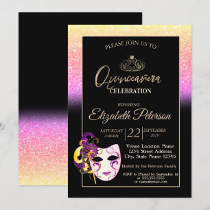 Glitter Bokeh, Tiara, Masquerade Quinceañera Einladung