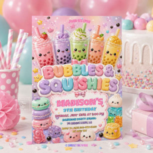 Glitter Bubble Tea und Squishy Geburtstagsfeier Einladung
