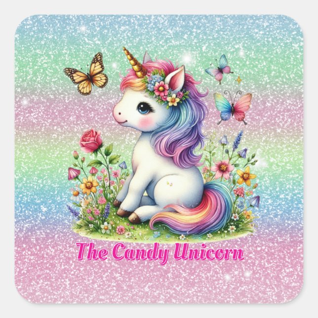 Glitter candy unicorn meadow wildflowers  quadratischer aufkleber (Vorderseite)