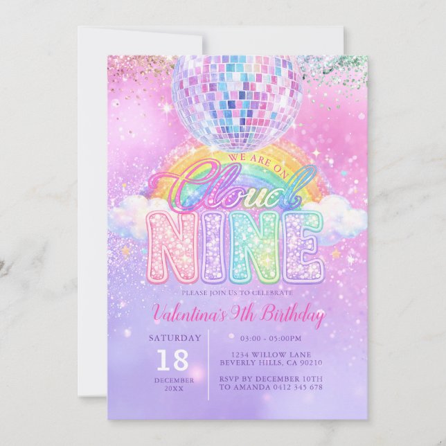 Glitter Disco Ball Pastel Cloud Nine Birthday Einladung (Vorderseite)