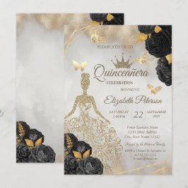 Glitter Dress,Butterfly Black Roses Quinceañera Einladung