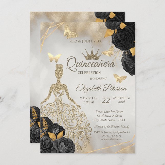 Glitter Dress,Butterfly Black Roses Quinceañera Einladung (Vorne/Hinten)