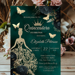 Glitter Dress,Butterfly Green Roses Quinceañera Einladung