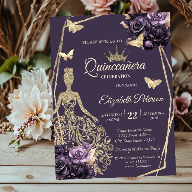 Glitter Dress,Butterfly Purple Roses Quinceañera Einladung (Von Creator hochgeladen)