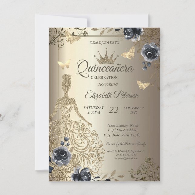 Glitter Dress,Butterfly Roses Gold Quinceañera Einladung (Vorderseite)