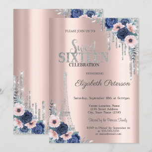 Glitter Drip, Eiffelturm Blaue Rosen Sweet 16 Einladung