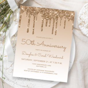 Glitter Drip Gold 50. Jubiläums-Einladung Postkarte
