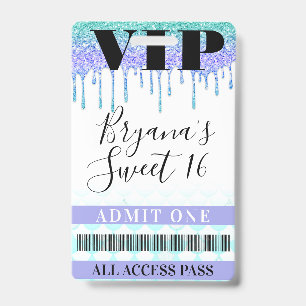 Glitter Drip Meerjungfrau Türkis Lila Sweet 16 VIP Ausweis