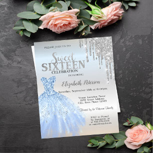 Glitter Drips, Blaues Kleid Silber Sweet 16 Einladung