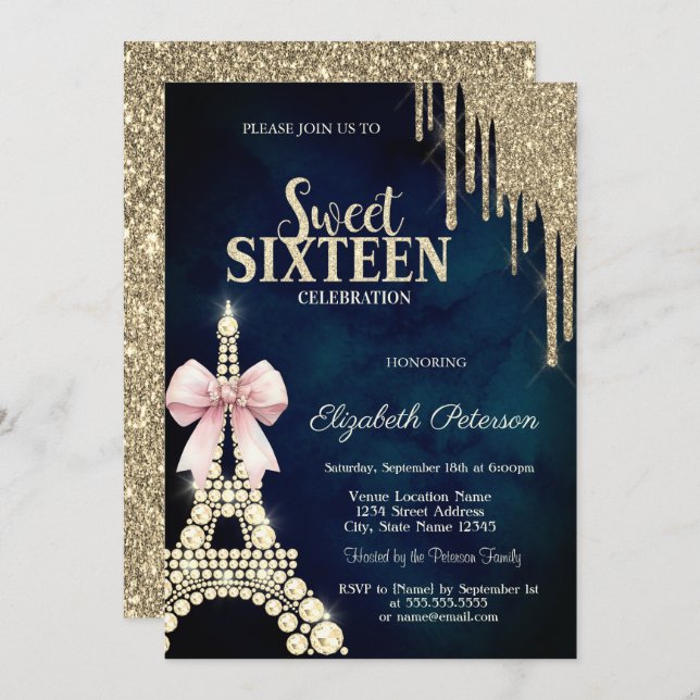 Glitter Drips,Eiffel Tower Bow Navy Blue Sweet 16  Einladung (Vorne/Hinten)