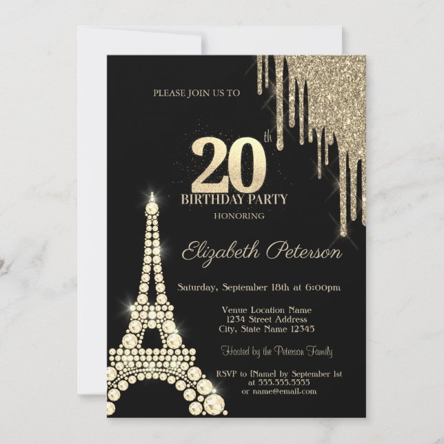 Glitter Drips,Eiffel Tower Diamonds 20th Birthday Einladung (Vorderseite)