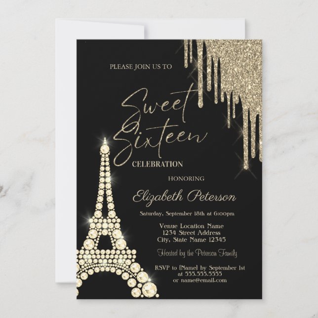 Glitter Drips,Eiffel Tower Diamonds Sweet 16 Einladung (Vorderseite)