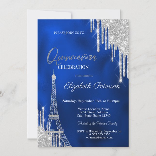 Glitter Drips, Eiffel Tower Royal Blue Quinceañera Einladung (Vorderseite)