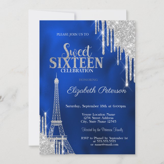 Glitter Drips, Eiffel Tower Royal Blue Sweet 16 Einladung (Vorderseite)