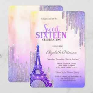 Glitter Drips Eiffelturm Metallisch Sweet 16 Einladung