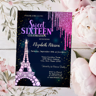 Glitter Drips, Eiffelturm Navyblau Sweet 16 Einladung