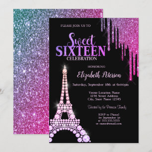 Glitter Drips, Eiffelturm Schwarzes Sweet 16 Einladung
