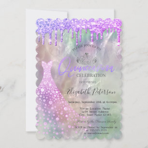 Glitter Drips Kleid Holografisches Quinceañera Einladung