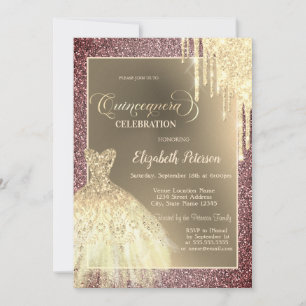 Glitter Drips, Kleid Rose Gold Glitter Quinceañera Einladung