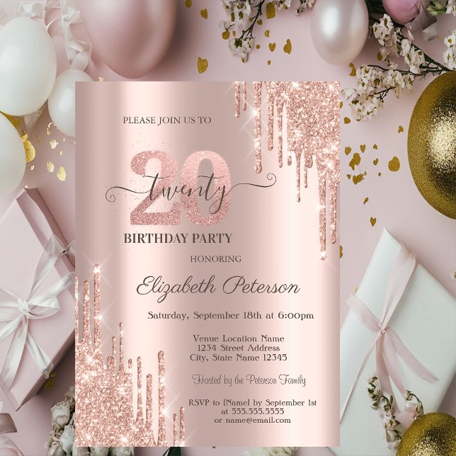 Glitter Drips Rose Gold 20th Birthday Party Einladung (Von Creator hochgeladen)