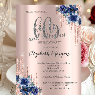 Glitter Drips Rose Gold Blau Blumen 50. Geburtstag Einladung