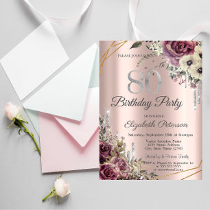 Glitter Drips Rose Gold Floral 80. Geburtstag Einladung