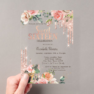 Glitter Drips Rose Gold High Heels Rosen Sweet 16 Acryleinladungen