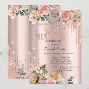Glitter Drips Rose Gold High Heels Rosen Sweet 16  Einladung