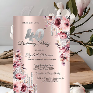 Glitter Drips Rose Gold Rosa Floral 40. Geburtstag Einladung
