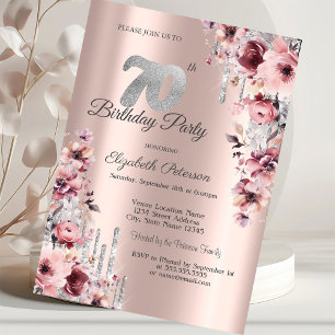 Glitter Drips Rose Gold Rosa Floral 70. Geburtstag Einladung
