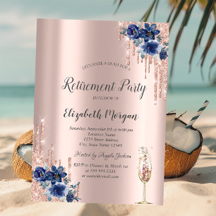 Glitter Drips Roségold, Blaue Blumen Ruhestand Einladung