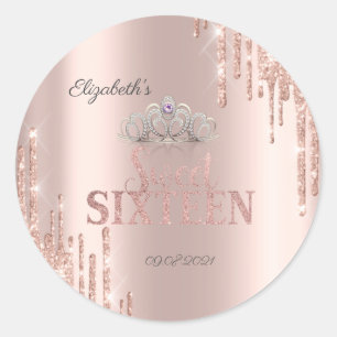 Glitter Drips Tiara Rose Gold Sweet 16 Runder Aufkleber