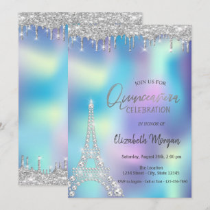 Glitter Drop Diamanten Eiffelturm Quinceanera Einladung
