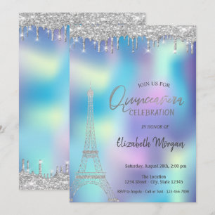 Glitter Drops Eiffelturm Holografische Quinceanera Einladung