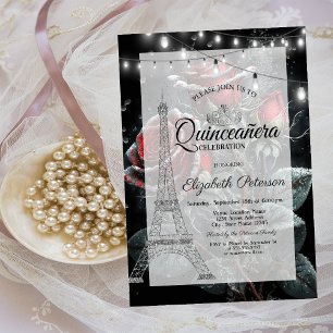 Glitter-Eiffelturm, dunkle Rosen-Tropfen Quinceañe Einladung