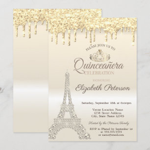 Glitter-Eiffelturm, tropft Gold Quinceañera Einladung